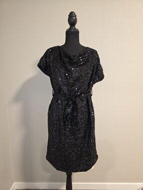 SHEIN Black Sequin Short Sleeve Belted Mini Dress